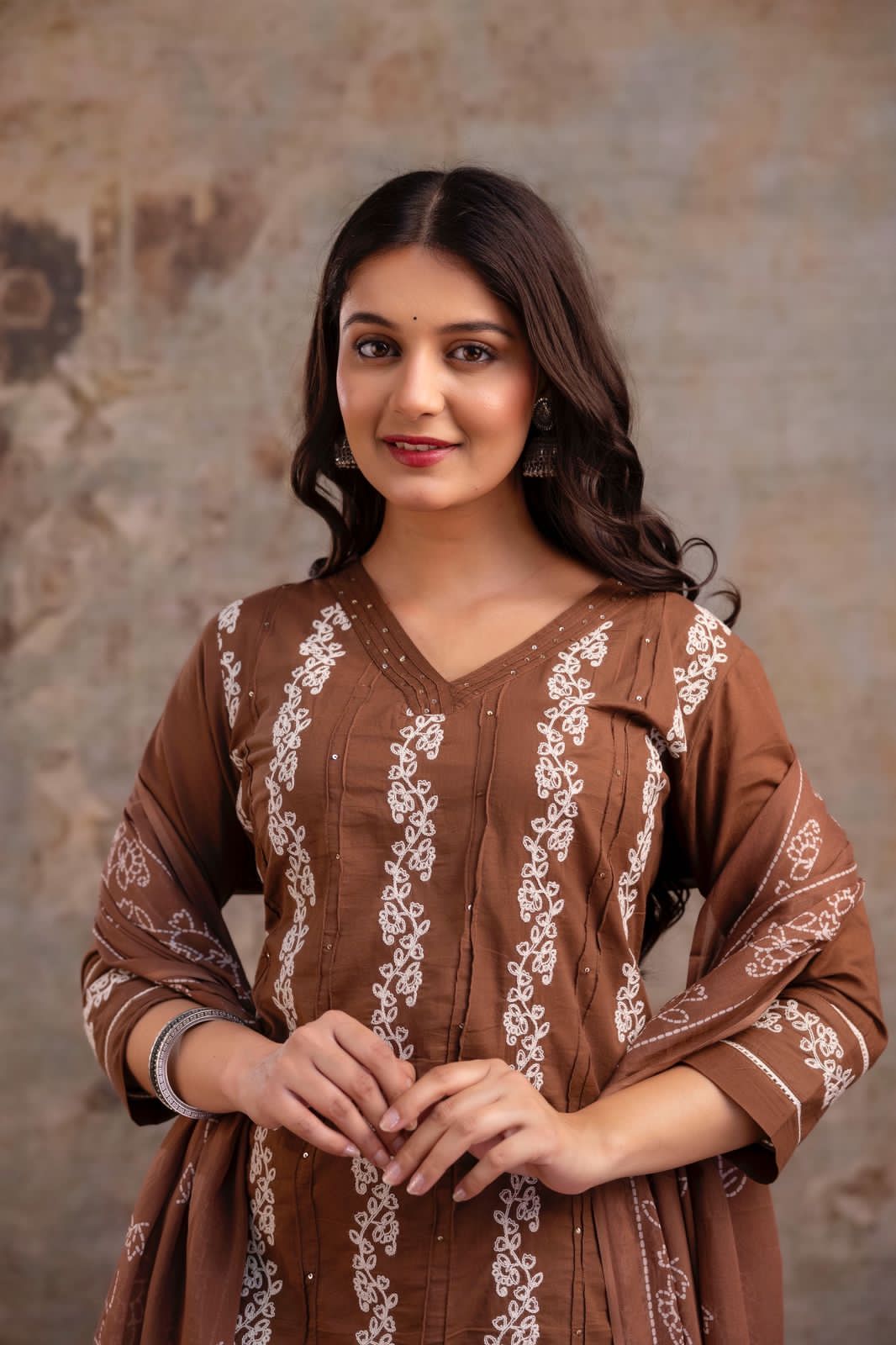 Vus’at – Rust & Brown Cotton Suit Set with Thread Work Kurta | Elegant Festive & Office Wear