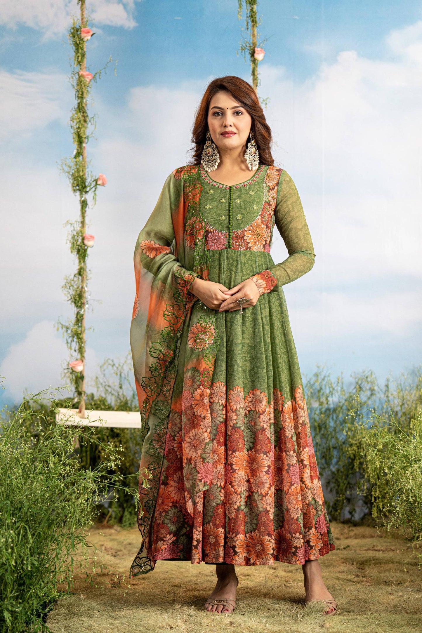 Resham – Green Floral Organza Anarkali with Embroidered Dupatta | Designer Wedding Guest Outfit