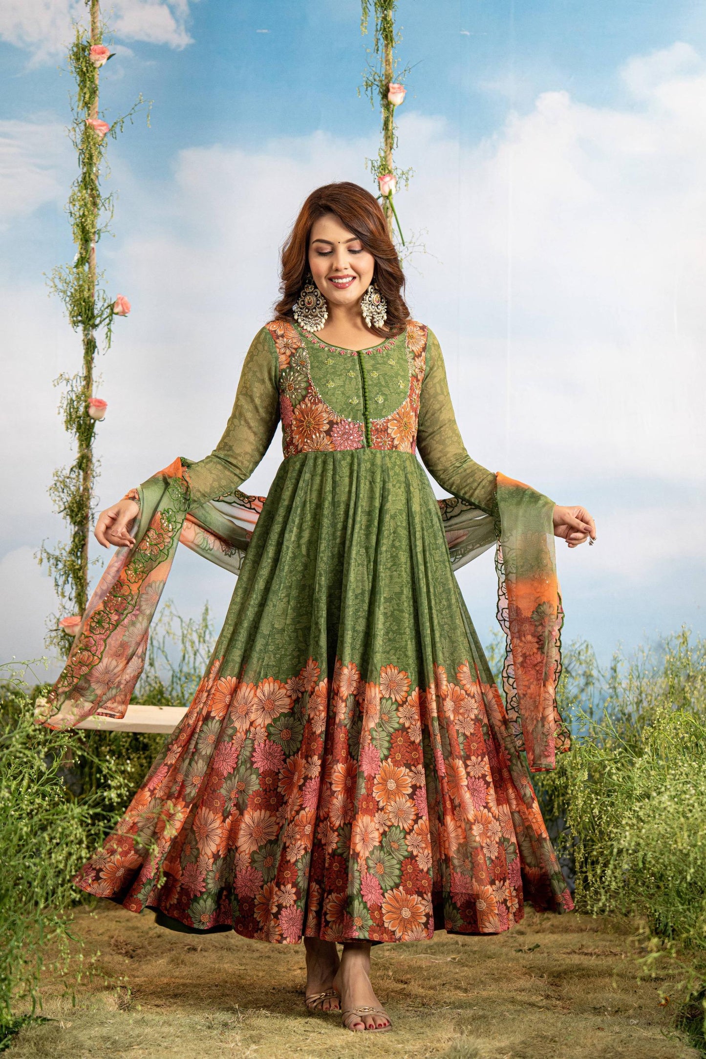 Resham – Green Floral Organza Anarkali with Embroidered Dupatta | Designer Wedding Guest Outfit