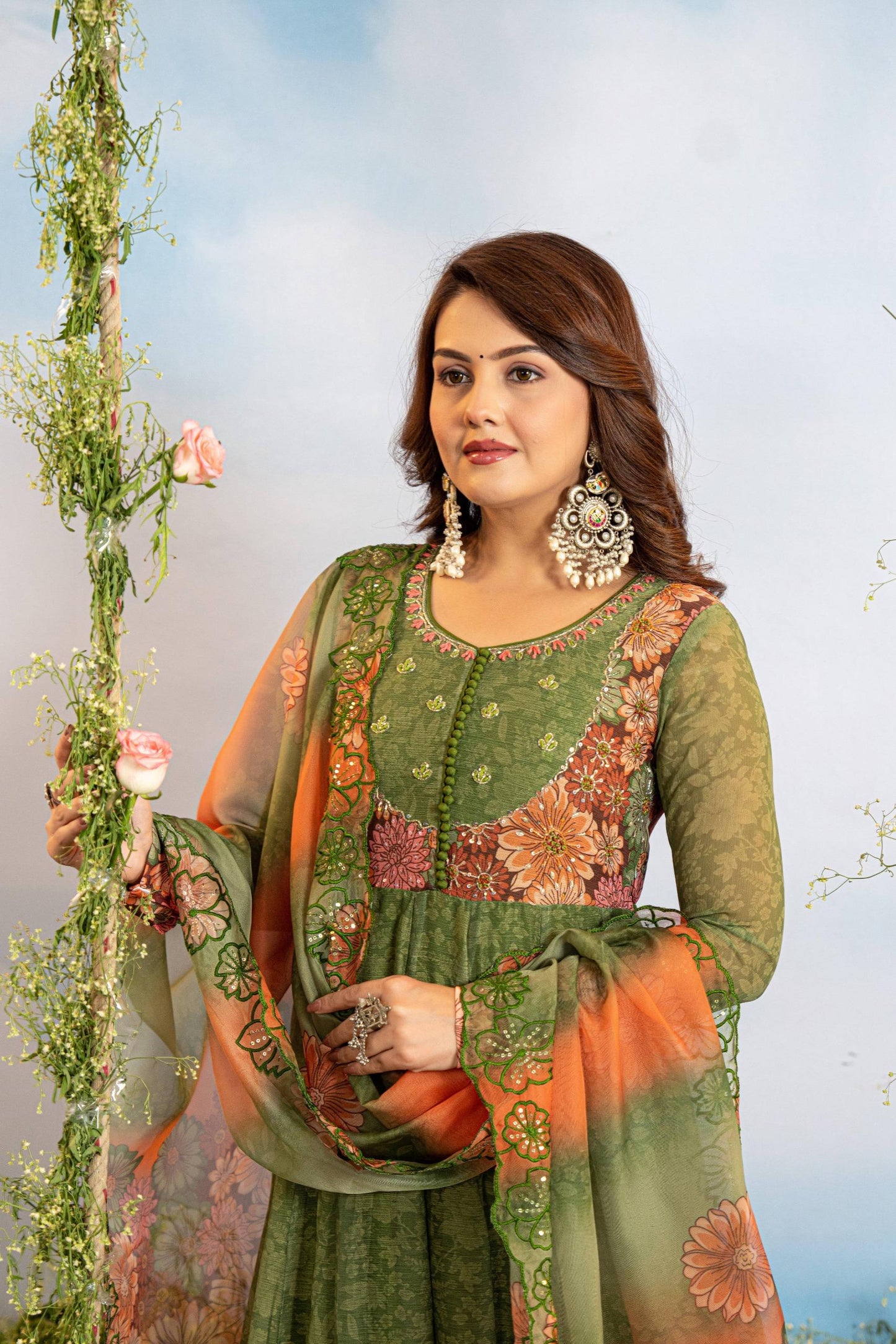 Resham – Green Floral Organza Anarkali with Embroidered Dupatta | Designer Wedding Guest Outfit