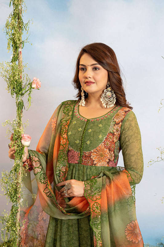 Resham – Green Floral Organza Anarkali with Embroidered Dupatta | Designer Wedding Guest Outfit