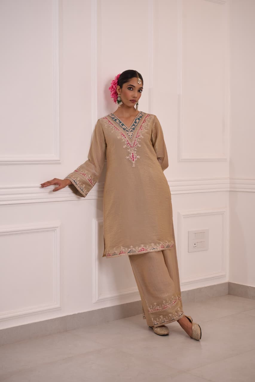 Dastaan – Chikoo Tissue Shimmer Palazzo Suit Set with Embroidered Dupatta