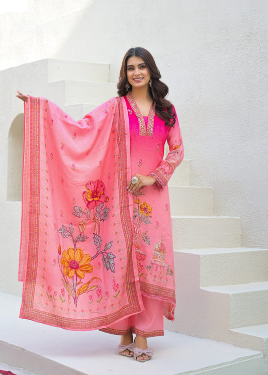 Khush-adaa – Pink Silk Apple-Cut Suit Set with Embroidered Dupatta | Boutique Designer Outfit & Festive Pinterest-Worthy Suit for Women