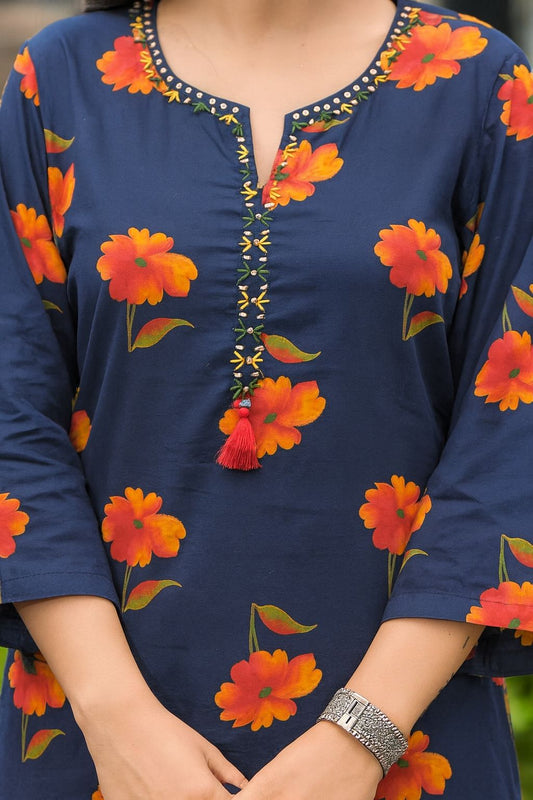 Roshni – Blue Floral Cotton Kurta Palazzo Dupatta Set | Printed Cotton Suit Set for Women