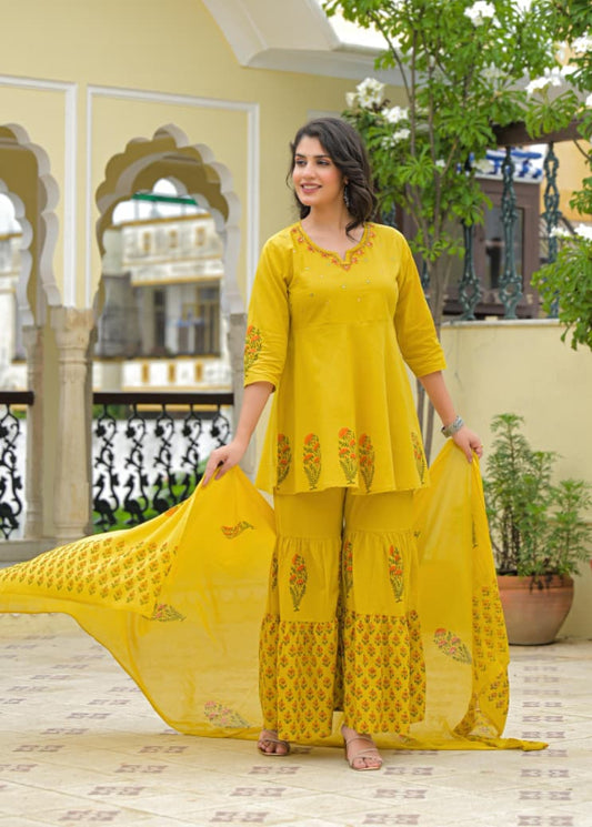 Gul – Yellow Cotton Short Kurta Sharara Set with Dupatta | Stylish Festive Cotton Suit for Women