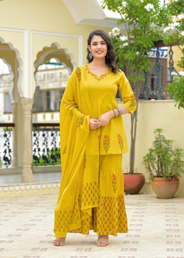 Gul – Yellow Cotton Short Kurta Sharara Set with Dupatta | Stylish Festive Cotton Suit for Women