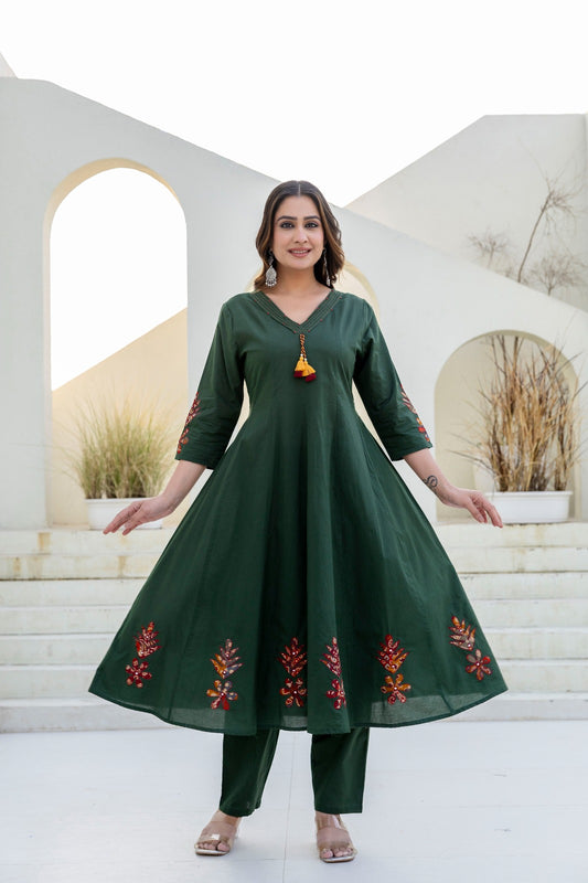 Rehaai – Green Pure Cotton Anarkali Suit with Multicolour Dupatta | Comfortable Everyday Ethnic Wear for Women