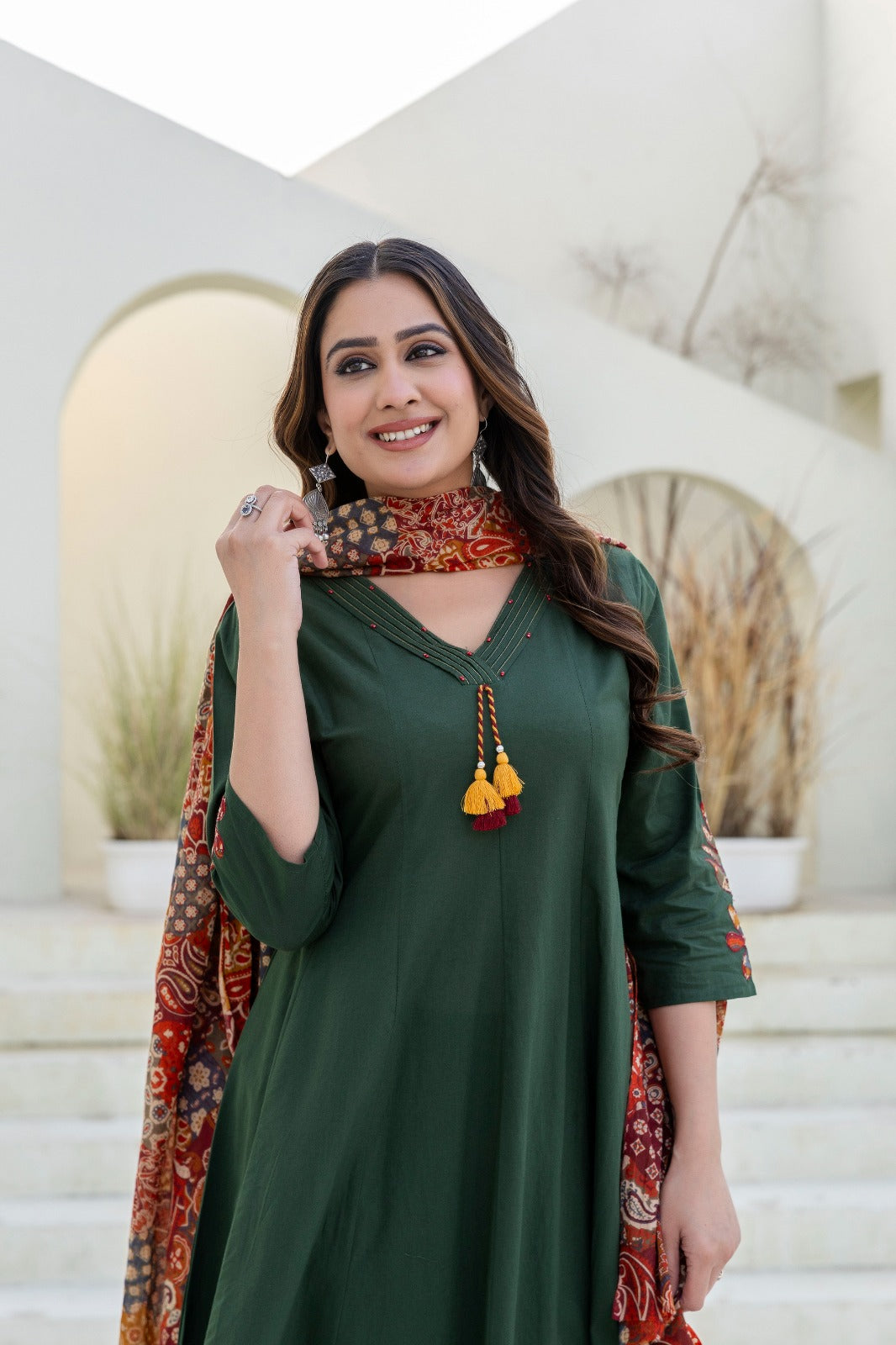 Rehaai – Green Pure Cotton Anarkali Suit with Multicolour Dupatta | Comfortable Everyday Ethnic Wear for Women