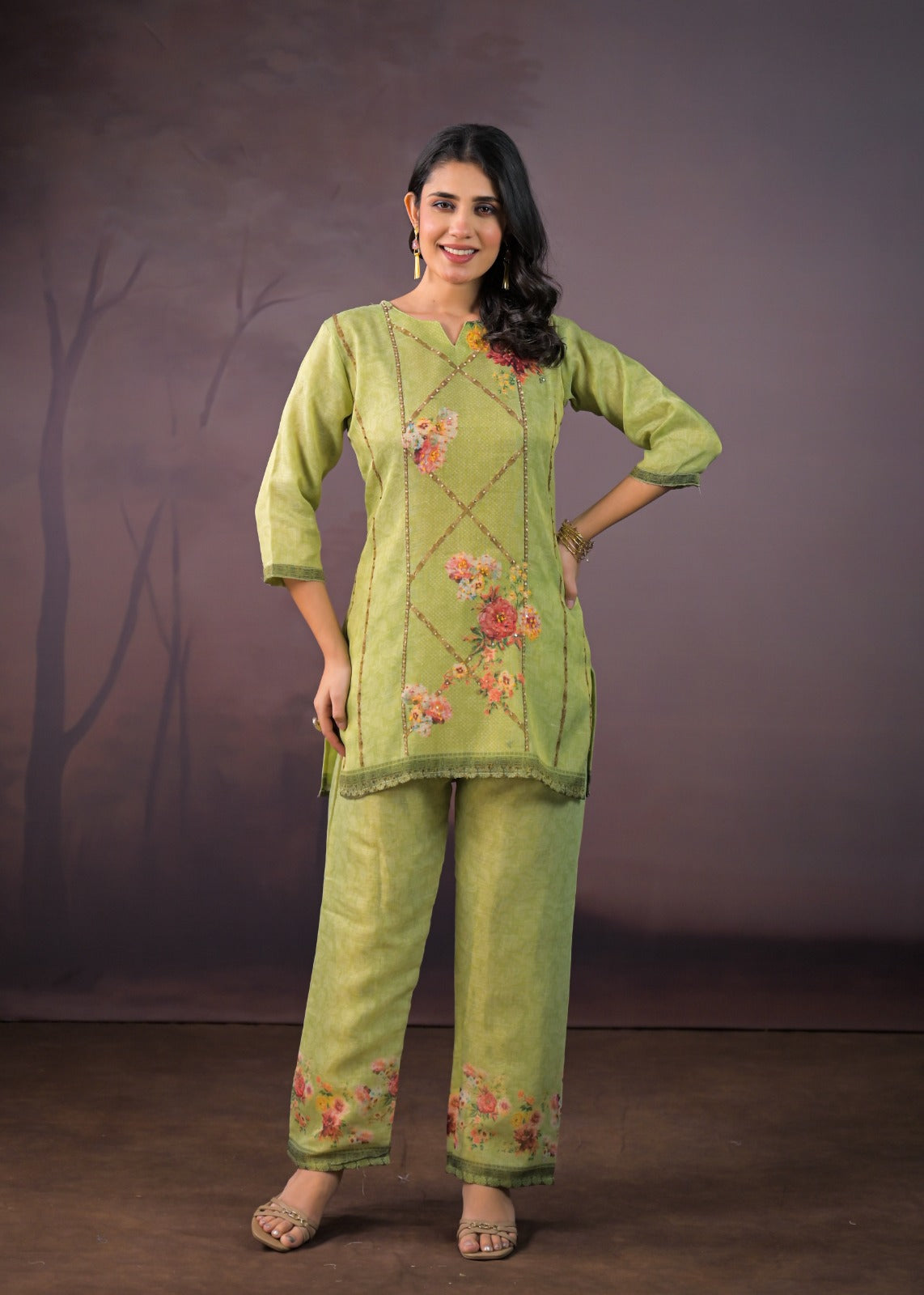 Imaan – Green Linen Co-ord Set for Women | Stylish Ethnic Co-ord Set with Palazzo