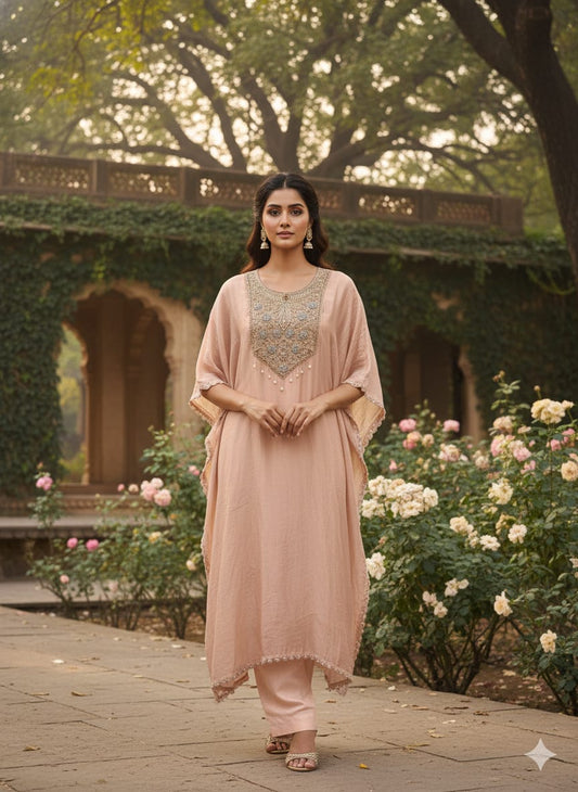 Ahl-e-Nazar – Coffee Shimmer Kaftan Outfit with Embroidered Neckline | Designer Partywear Kaftan Dress for Women