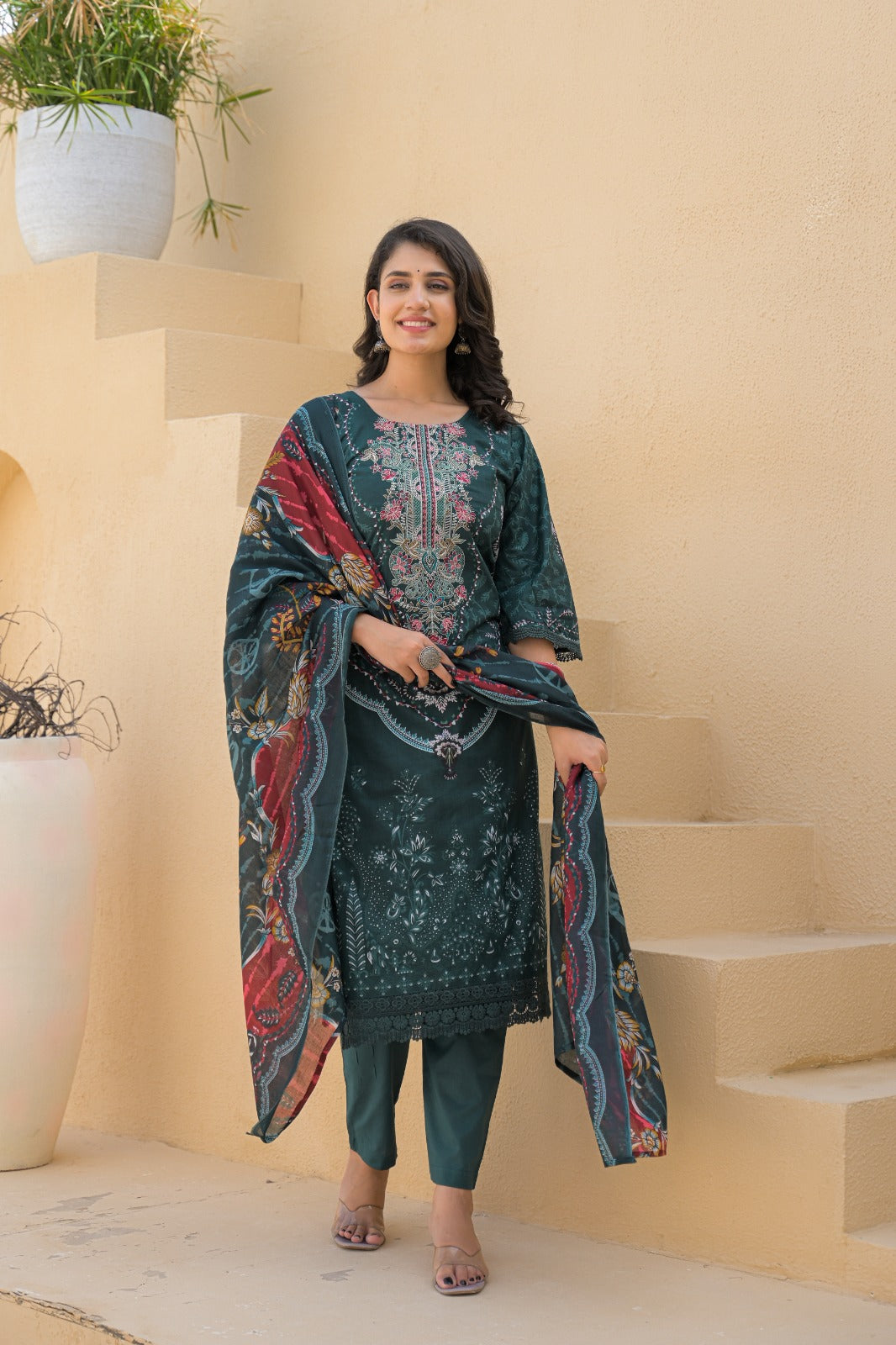 Tabassum – Teal Green Printed Cotton Kurta Palazzo Set with Bell Sleeves & Embroidered Neckline | Stylish Ethnic Wear for Women