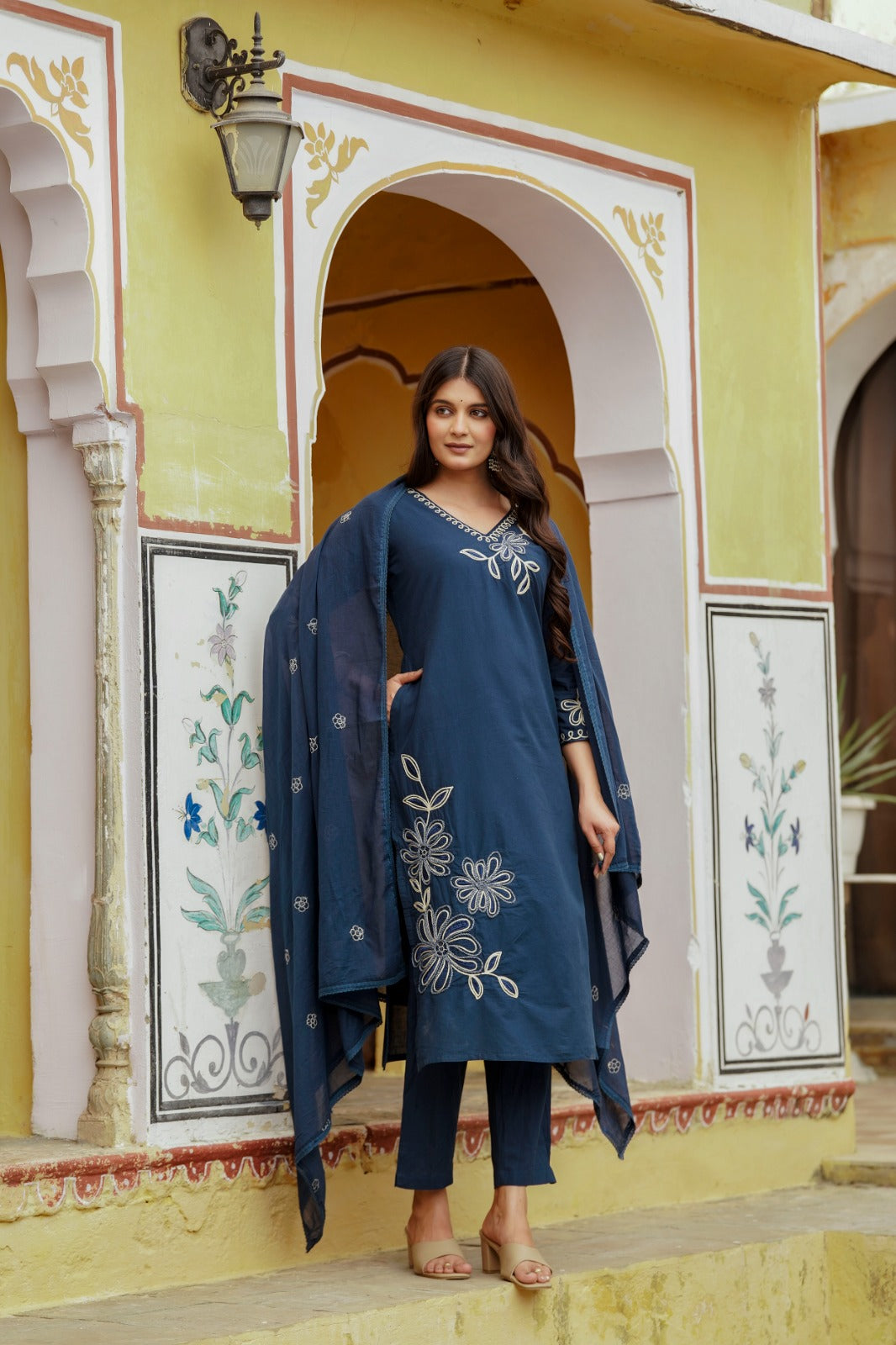Vaabasta – Blue Pure Cotton Suit Set with All-Over Floral Embroidery & Dupatta | Elegant Embroidered Kurta Set for Women