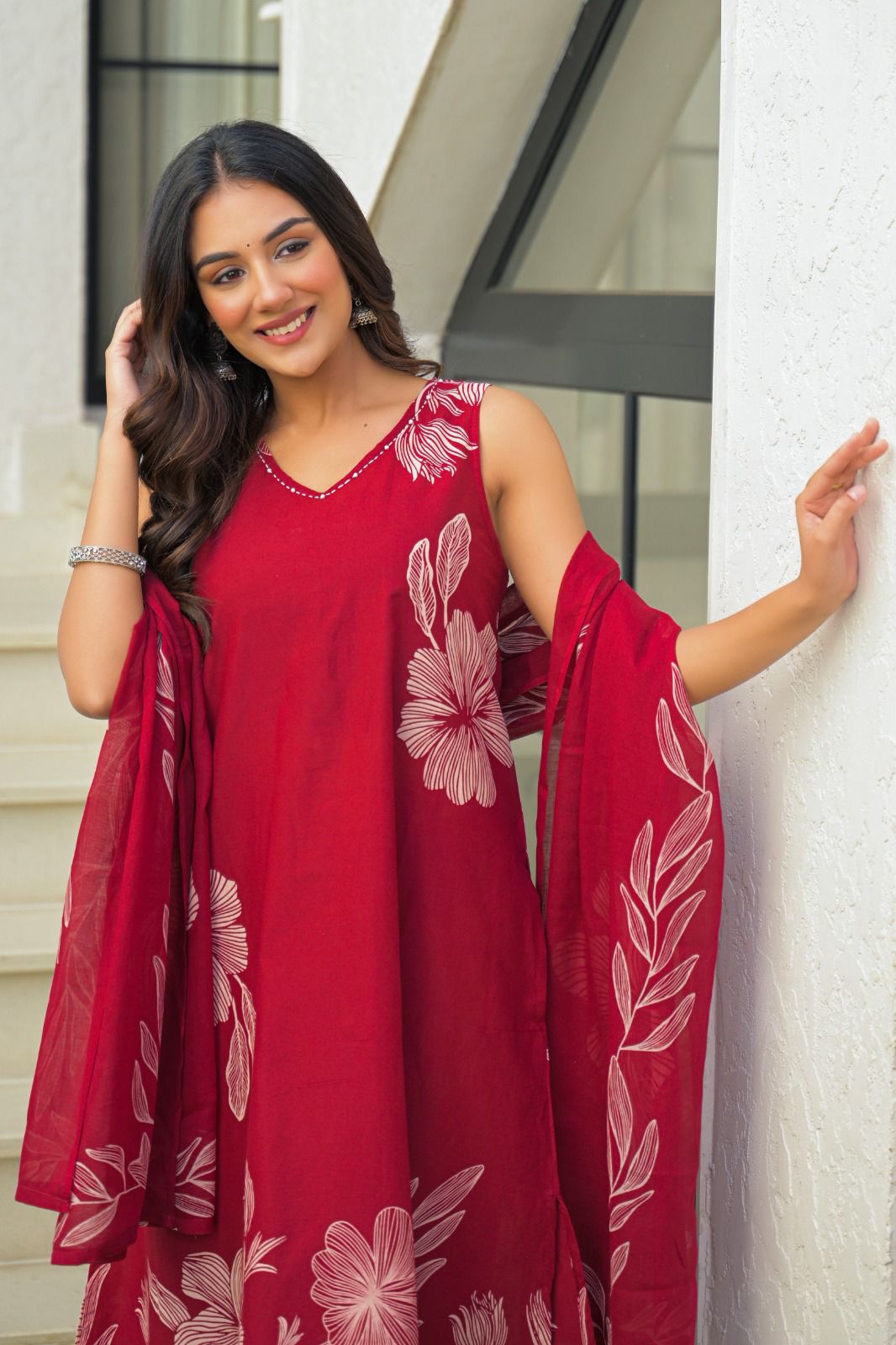 Zikr – Red Floral Print Cotton A-Line Kurta Set with Dupatta