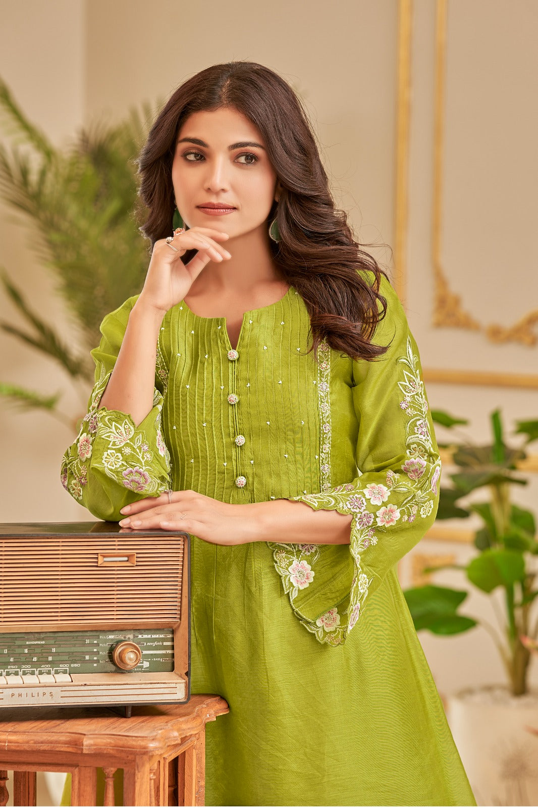 Chaaragar– Mehandi Designer Co-ord Set for Women | With Palazzo and Designer Sleeves