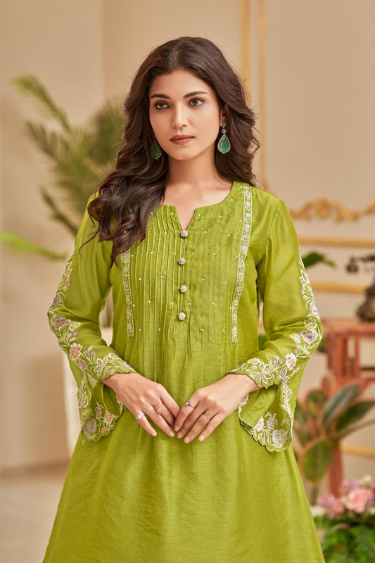 Chaaragar– Mehandi Designer Co-ord Set for Women | With Palazzo and Designer Sleeves