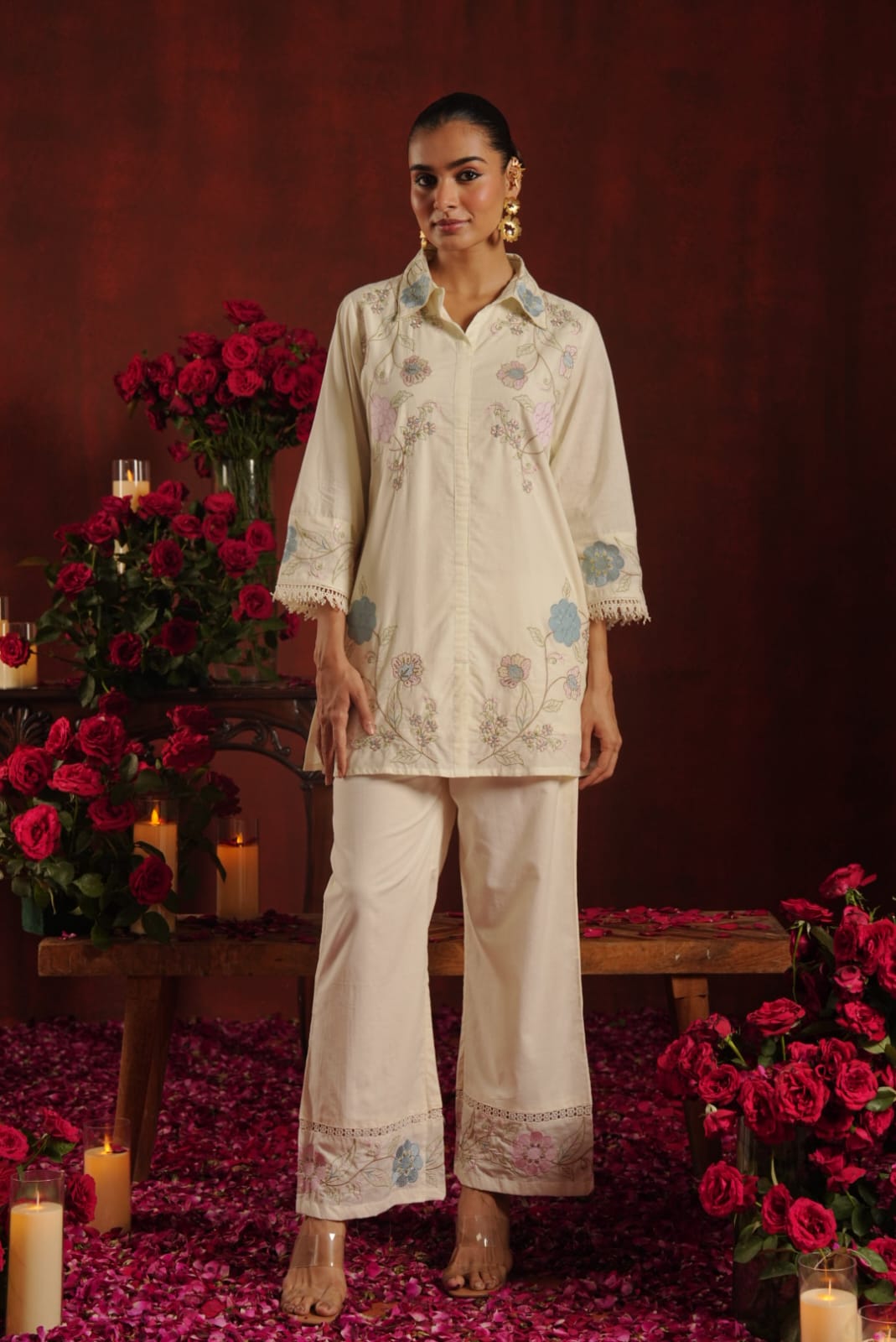 Kamaal-e-Husn – Ivory Cream Floral Embroidered Cotton Shirt Coord Set | Festive & Semi-Formal Ethnic Wear for Women