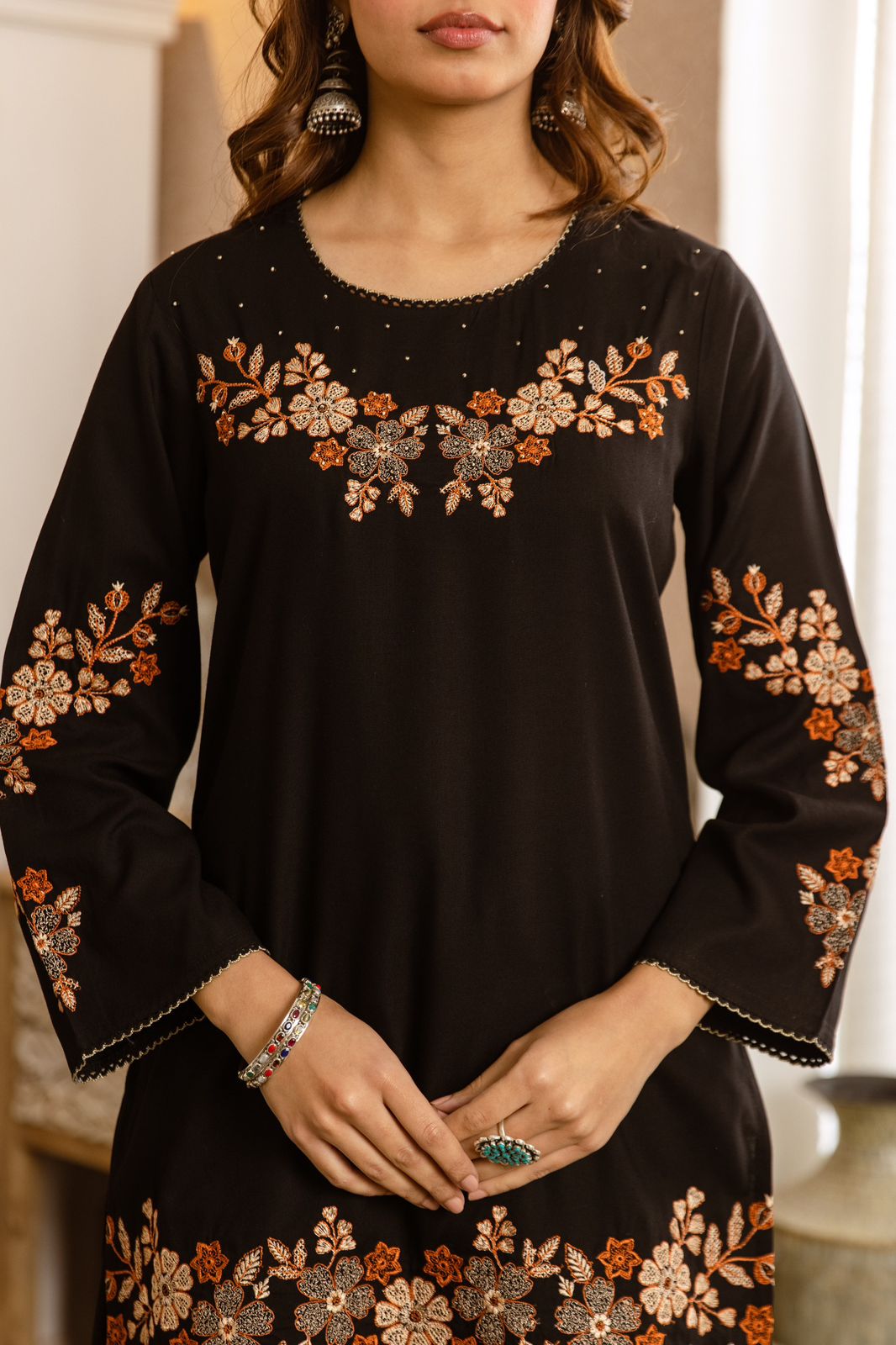 Ehsas-e-Khudii – Black German Rayon Embroidered Co-ord Set with Terracotta Floral Border | Party Wear & Festive Ethnic Outfit for Women