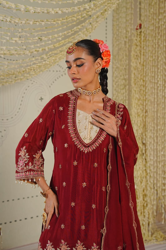 Zeenat-e-Mehak | Maroon Embroidered Kurti Set with Palazzo & Dupatta | Festive outfits for Women