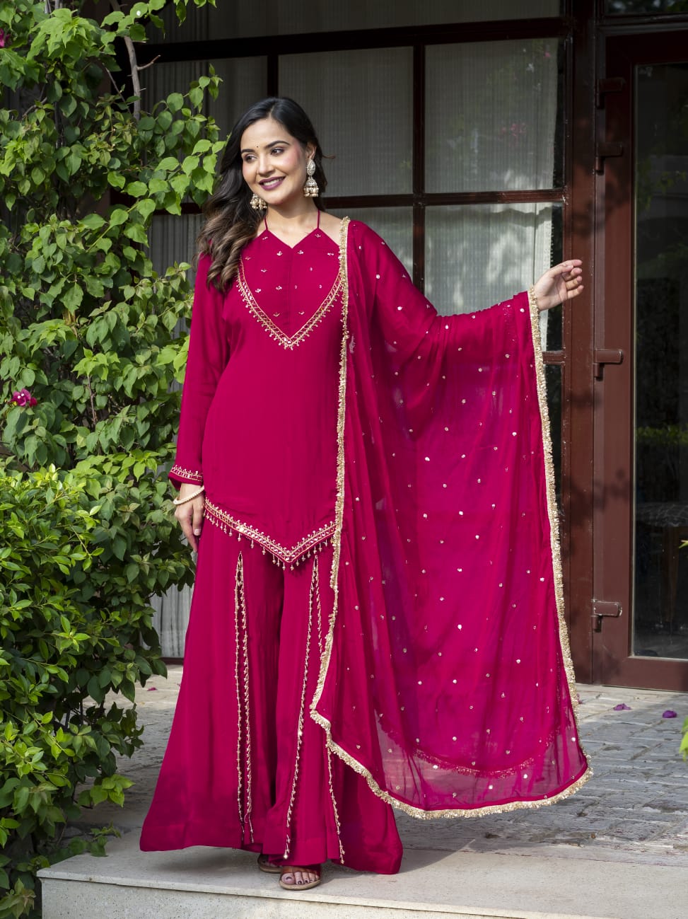 Tamanna – Rani Pink Pure Chinon Sharara Suit Set with Mirror-Work Dupatta | Sangeet & Wedding Ethnic Wear for Women