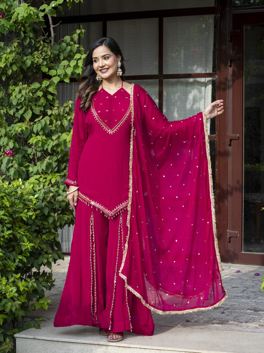 Tamanna – Rani Pink Pure Chinon Sharara Suit Set with Mirror-Work Dupatta | Sangeet & Wedding Ethnic Wear for Women