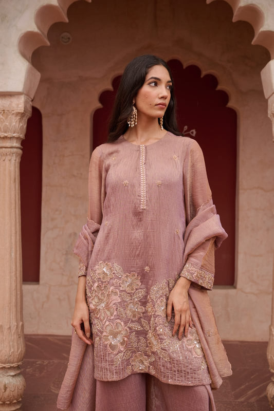 Qarar - Dusty Mauve Shimmer Salsa Suit Set with Embroidered Patch & Scalloped Dupatta | Evening & Festive Ethnic Wear for Women