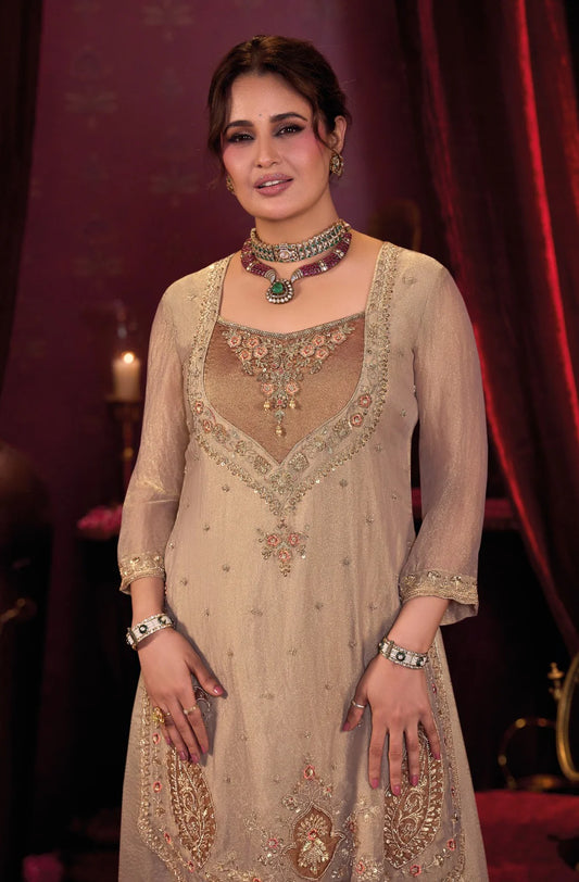 Sultana – Champagne Shimmer Kurta with Embroidered Divider & Handwork Detailing | Reception & Bridal Ethnic Wear for Women