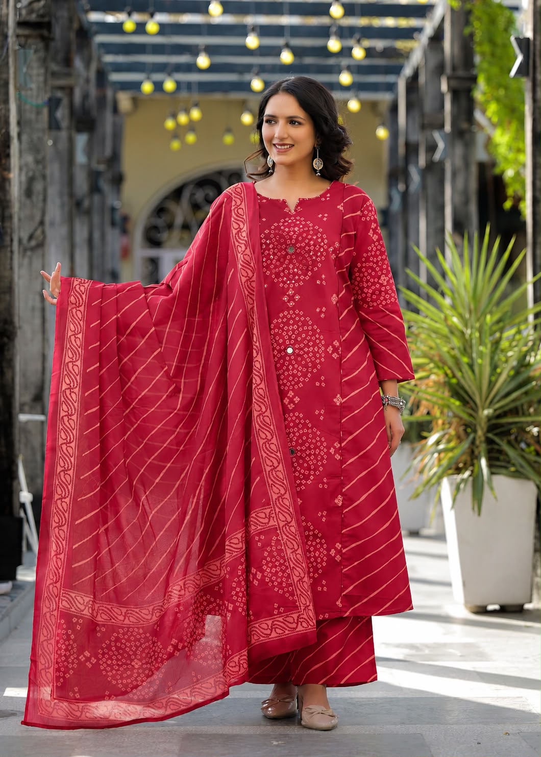 Sawaniya - Red Leheriya Pure Cotton A-Line Suit Set with Mirror Work & Palazzo | Saawan & Pooja Ethnic Wear for Women