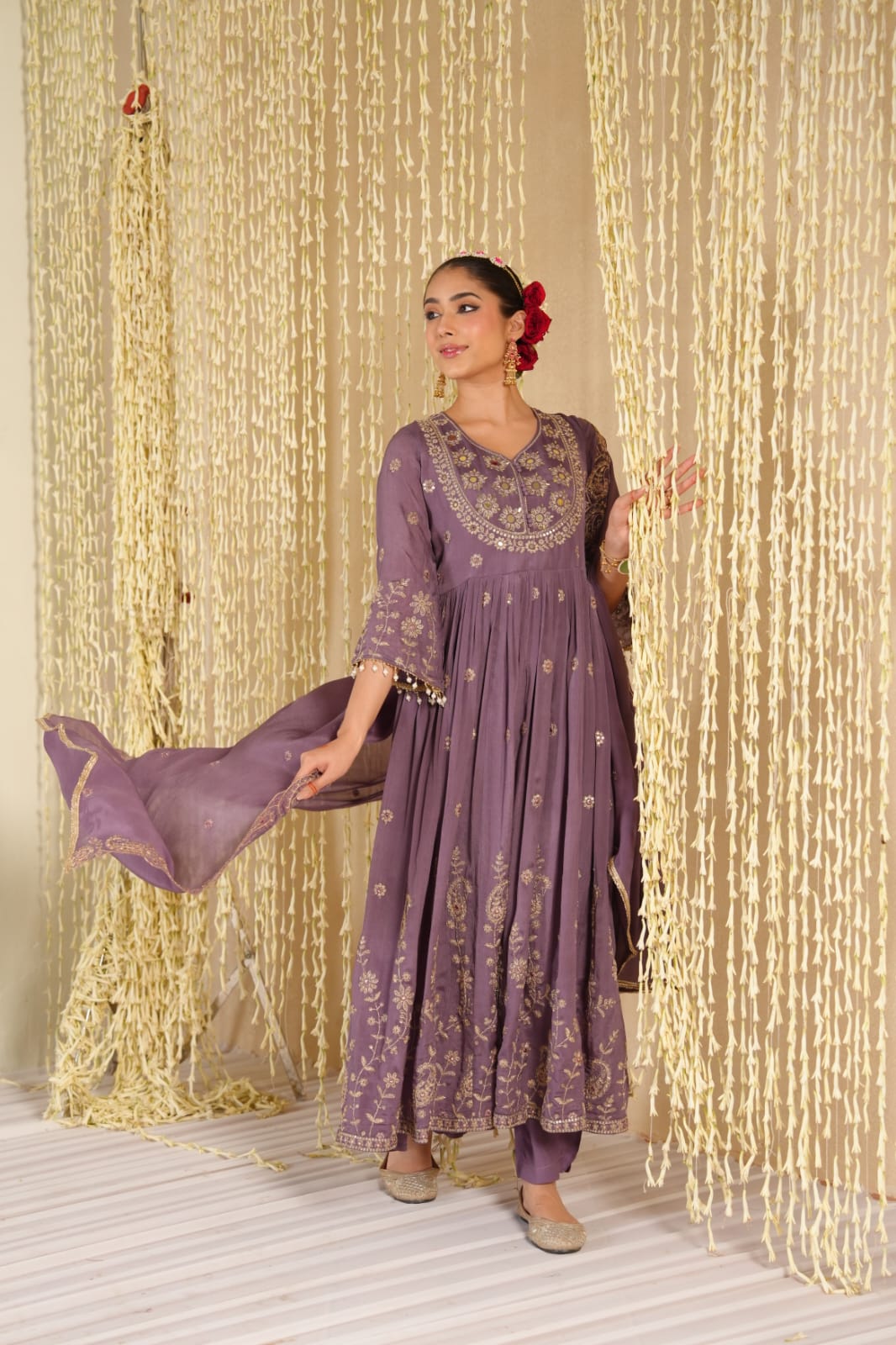 Nasreen – Mauve Purple Pure Chinon Anarkali Suit with Mirror-Embroidered Yoke & Dupatta | Rakhi & Festive Ethnic Wear for Women