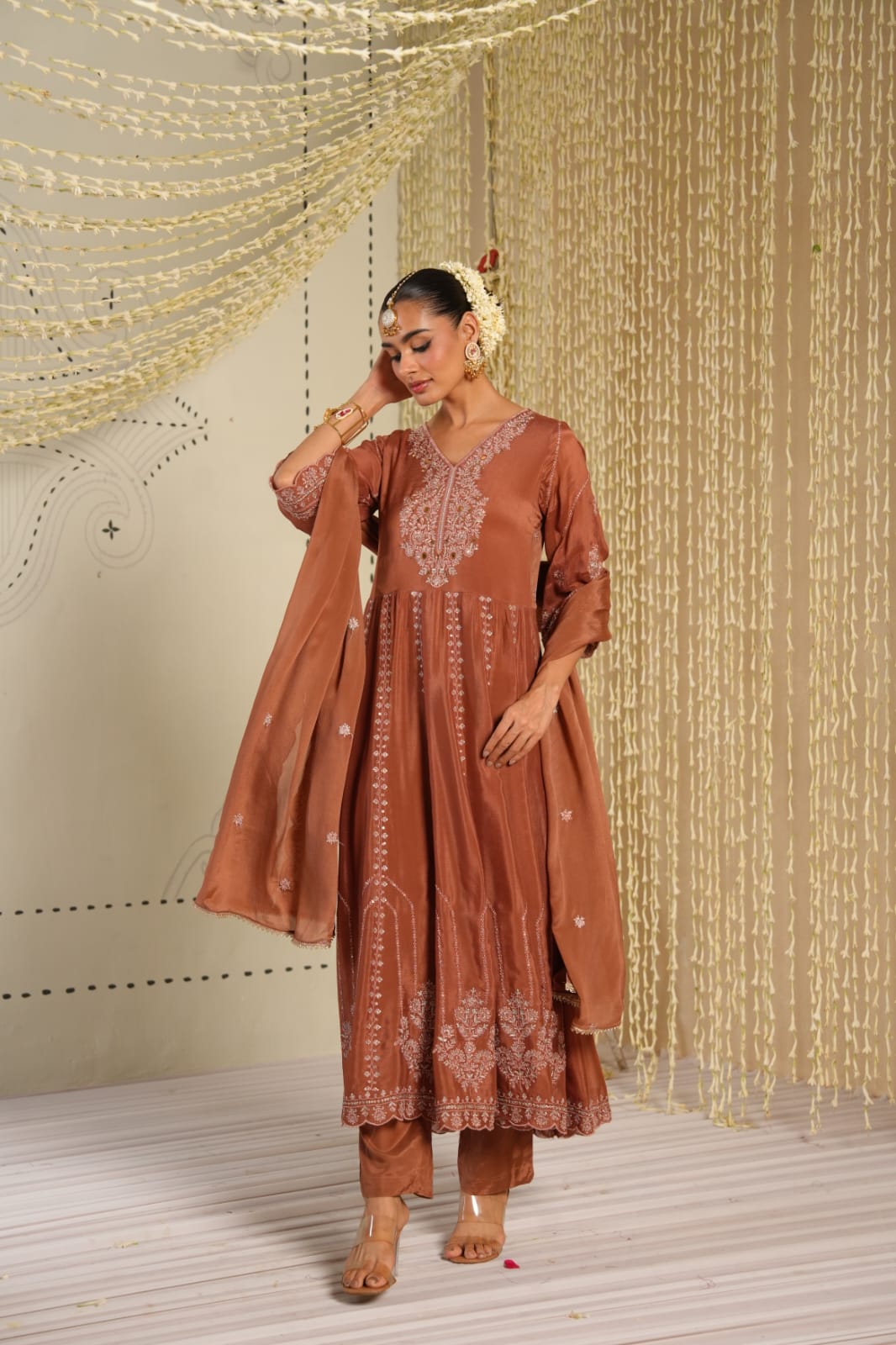 Sanwal – Rust Copper Pure Chinon Anarkali Suit with Mirror-Embroidered Yoke & Dupatta | Mehendi & Festive Ethnic Wear for Women
