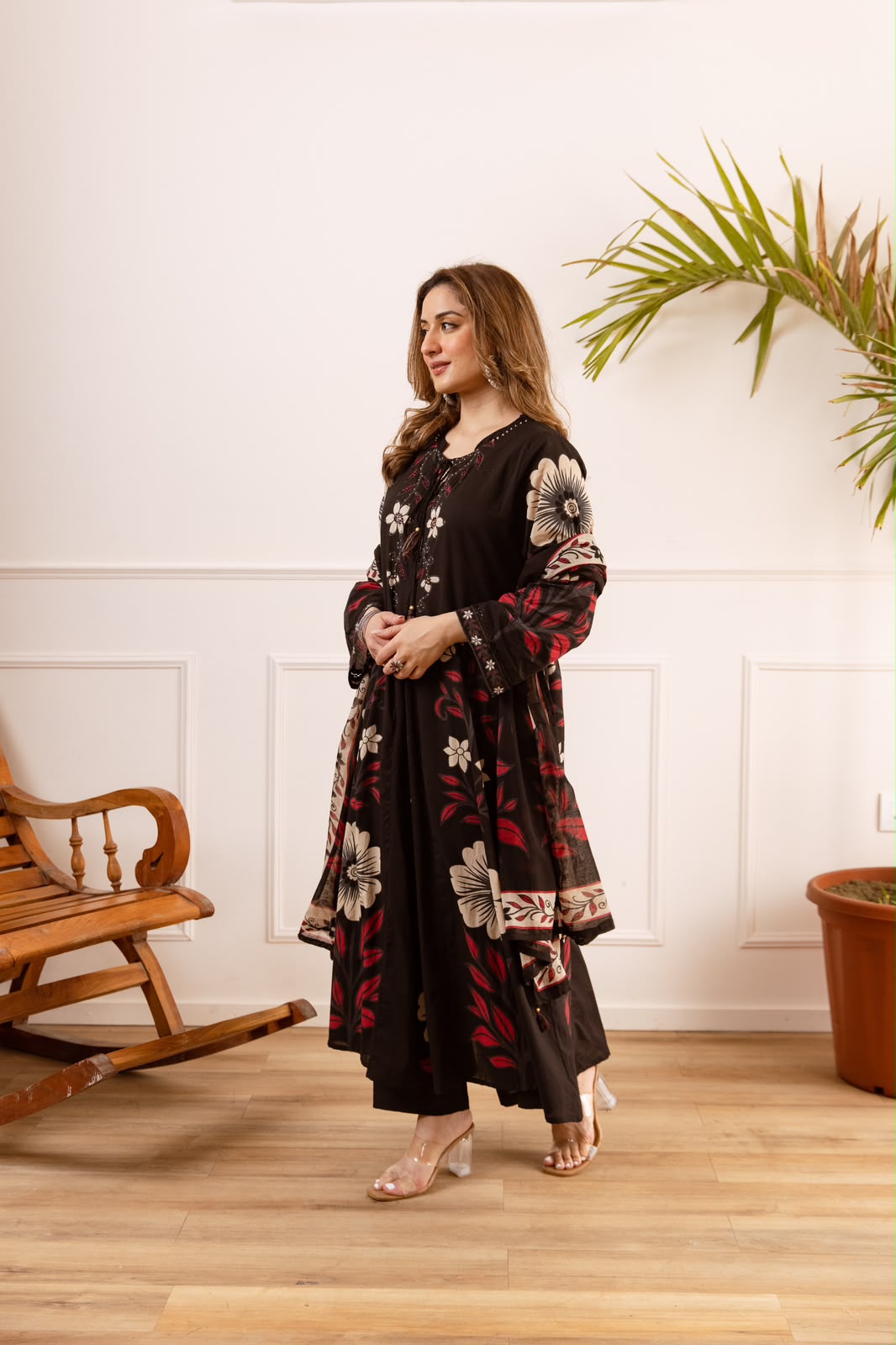 Yasmin – Black Floral Printed Cotton Anarkali Suit with Tasseled Neckline | Office Wear & Casual Festive Ethnic Wear for Women