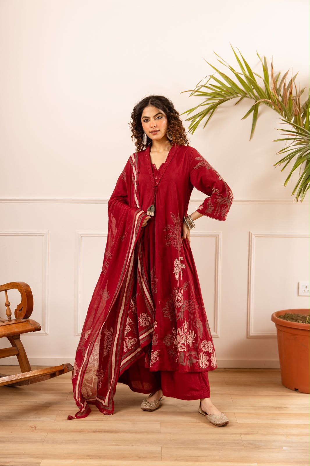 Farheen – Red Printed Cotton A-Line Suit Set with Palm & Floral Motif Dupatta | Office Wear & Festive Daywear for Women