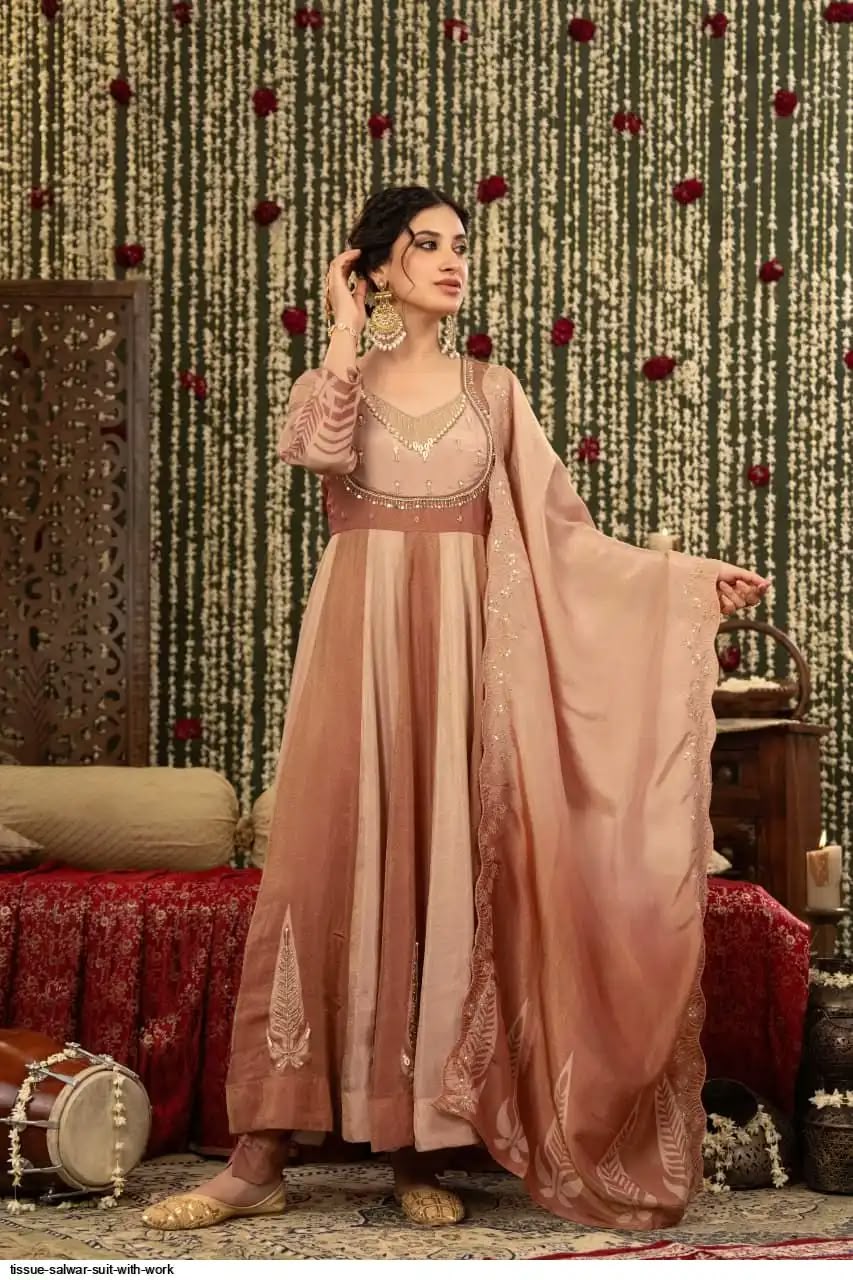 Anaya – Dusty Rose Pure Chinon Anarkali Suit Set with Gota Bib Yoke & Panelled Flare | Mehendi & Sangeet Ethnic Wear for Women