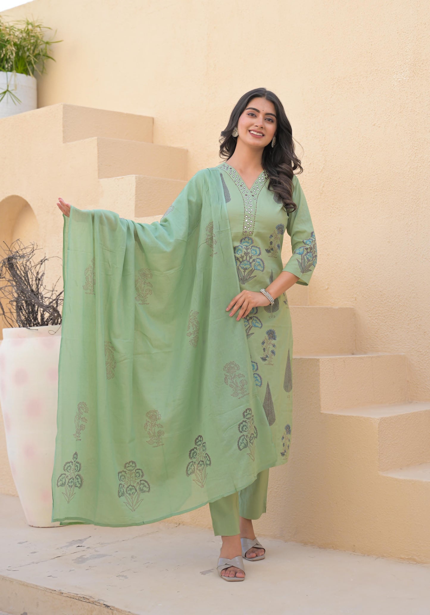 Gul-e-Sukoon - Serene Green Floral Cotton Suit