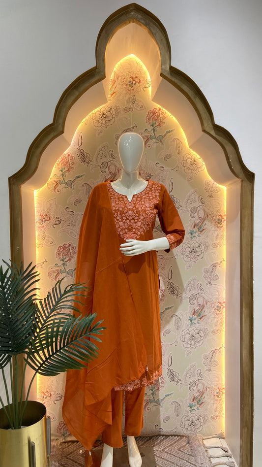 Tamanna – Rust & Maroon Cotton Suit Set with Embroidered Neck & Sleeves | Festive Ethnic Wear for Women