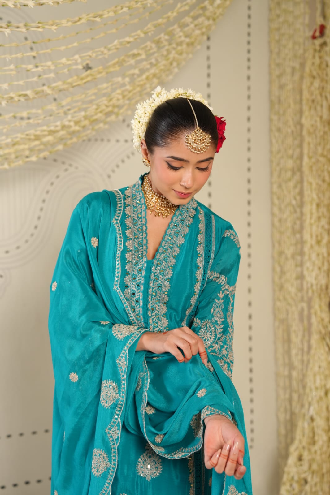 Firoza Noor - Teal Embroidered Straight Kurta Palazzo Set with Embroidery Work | Rakhi & Diwali Outfits for Women