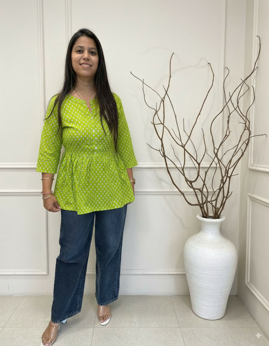 Green Cotton Peplum Short Kurti | Stylish Ethnic Top for Women