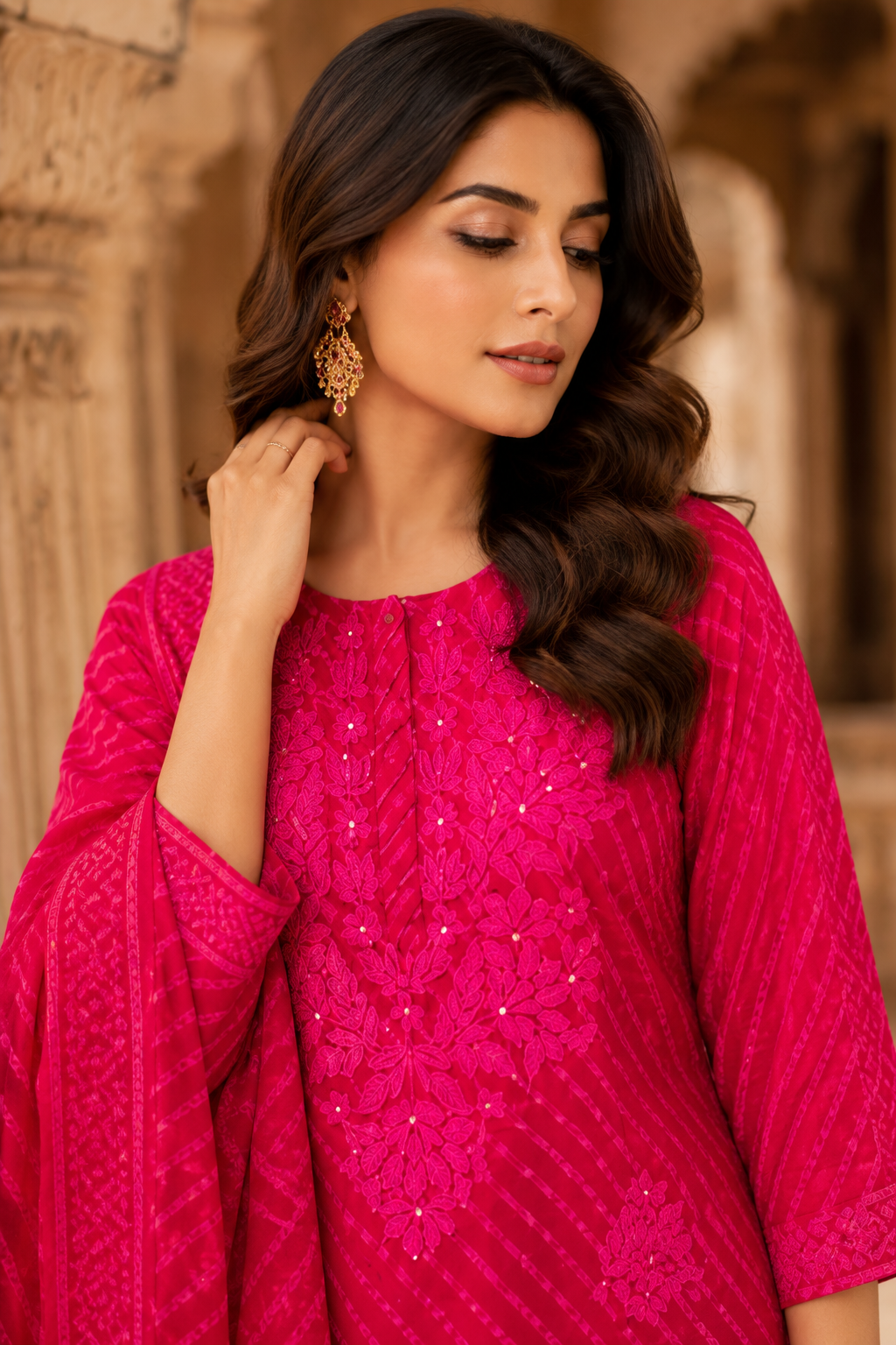 Adaa - Rani Pink Leheriya Pure Cotton Suit Set with Embroidery & Palazzo | Festive & Pooja Ethnic Wear for Women