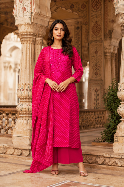 Adaa - Rani Pink Leheriya Pure Cotton Suit Set with Embroidery & Palazzo | Festive & Pooja Ethnic Wear for Women