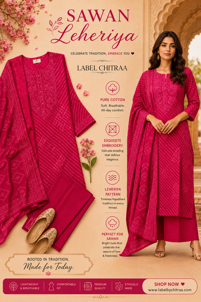 Adaa - Rani Pink Leheriya Pure Cotton Suit Set with Embroidery & Palazzo | Festive & Pooja Ethnic Wear for Women