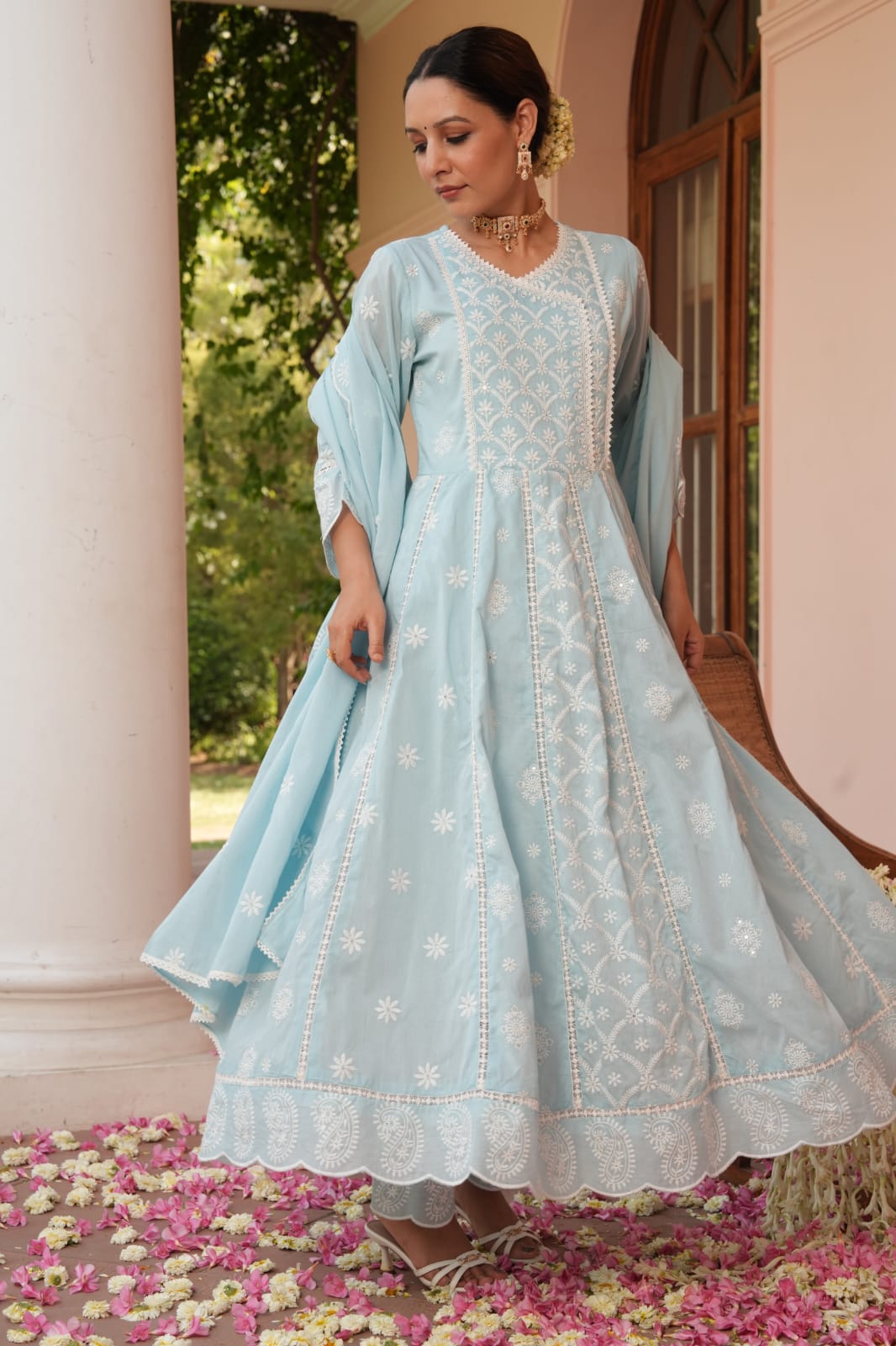 Falak-e-Naz – Sky Blue Embroidered Anarkali Suit Set