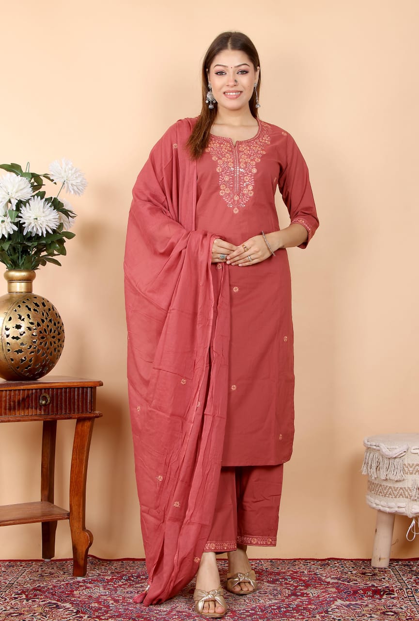 Zarista - Rust Embroidered Straight Suit Set