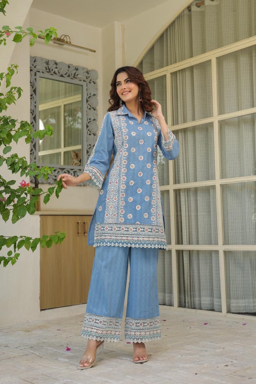 Fiza – Powder Blue Embroidered Cotton Co-ord Set