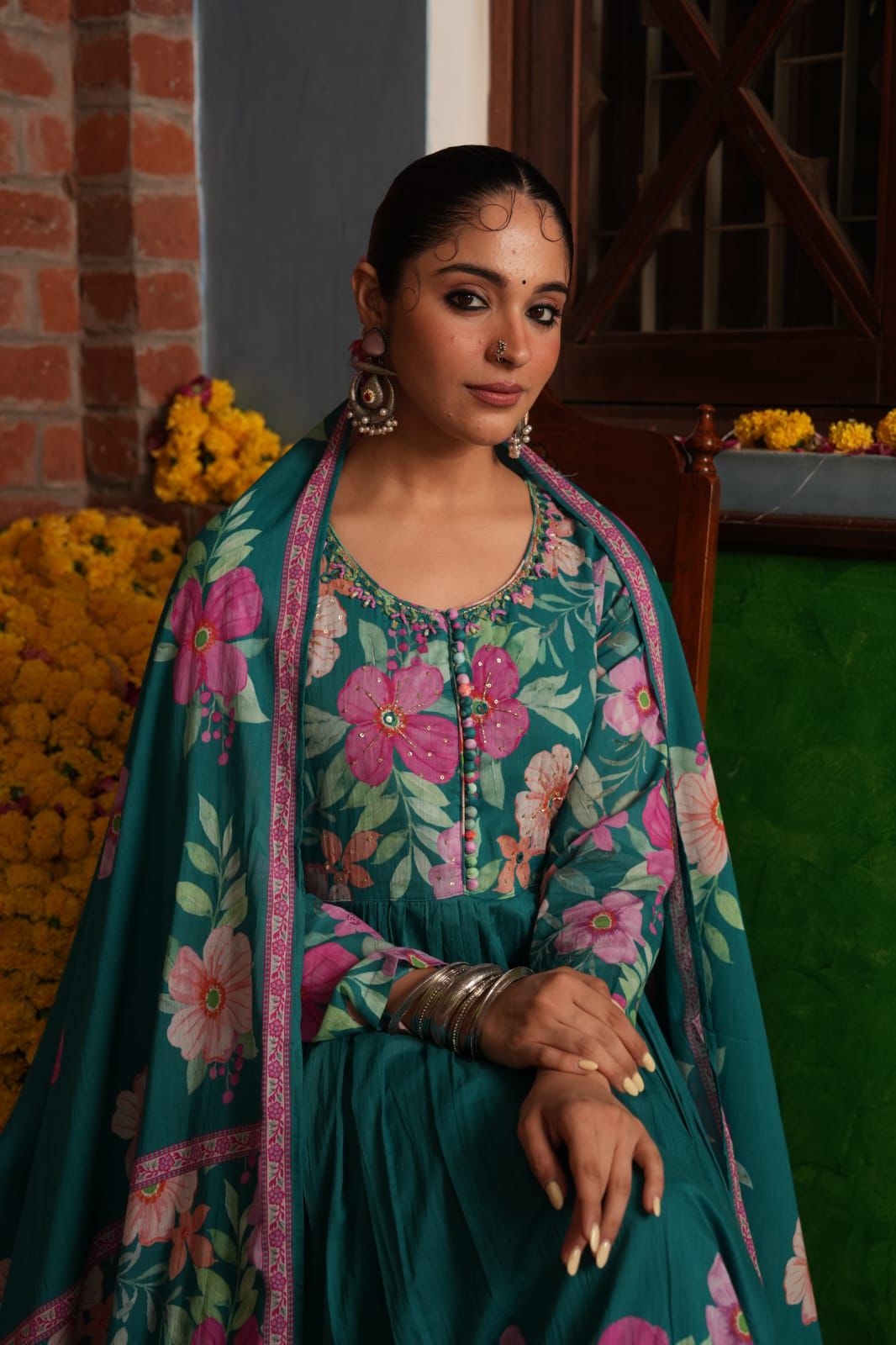 Firdaus - Vibrant Teal Floral Cotton Anarkali Gown