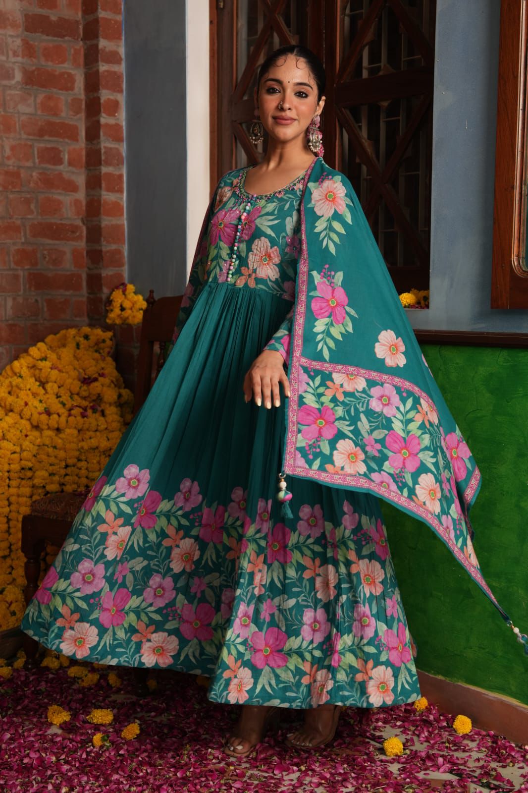 Firdaus - Vibrant Teal Floral Cotton Anarkali Gown