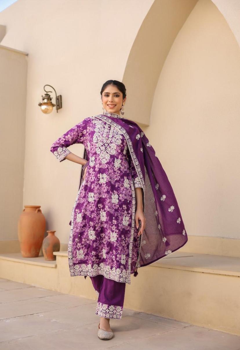 Ziba - Vibrant Purple Floral Printed Suit