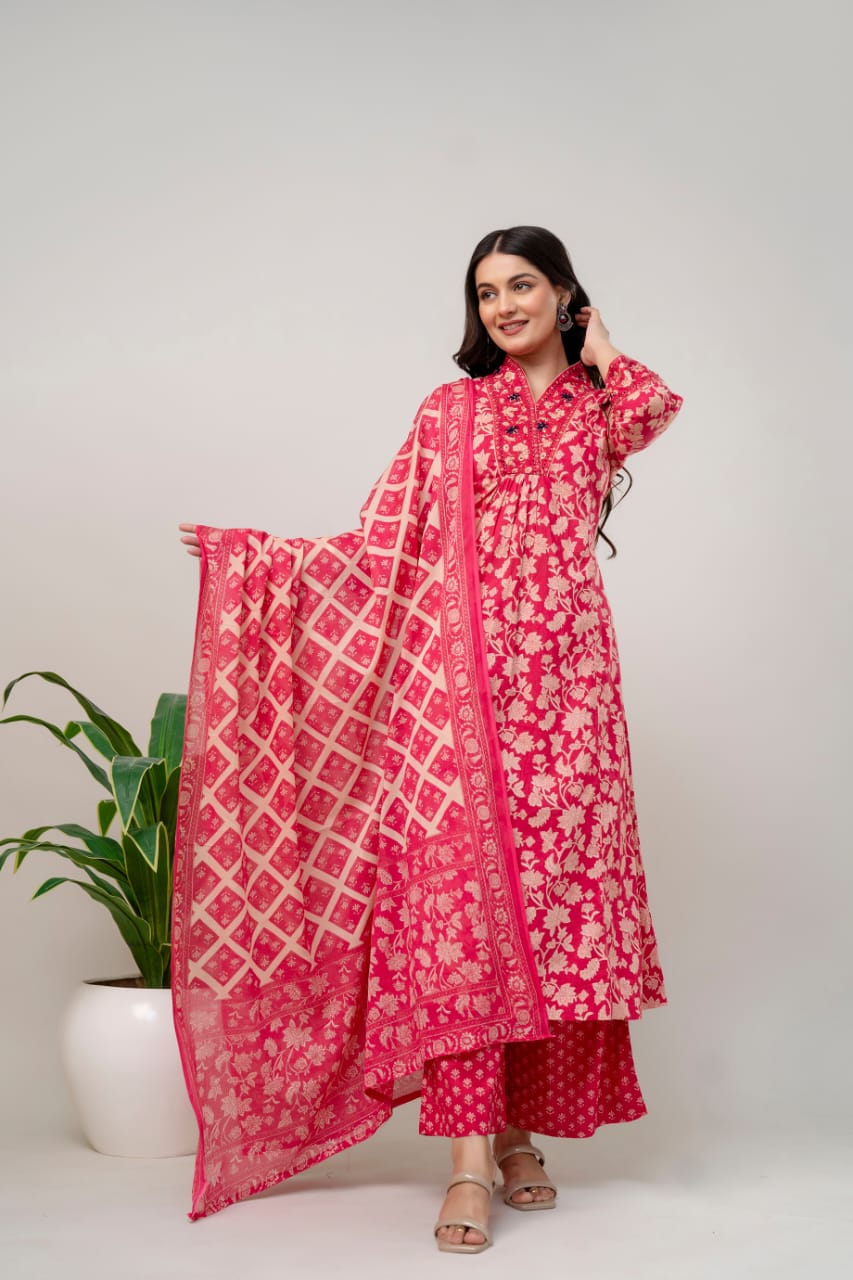 Naghma-e-Dil - Joyful Red Floral Cotton Suit
