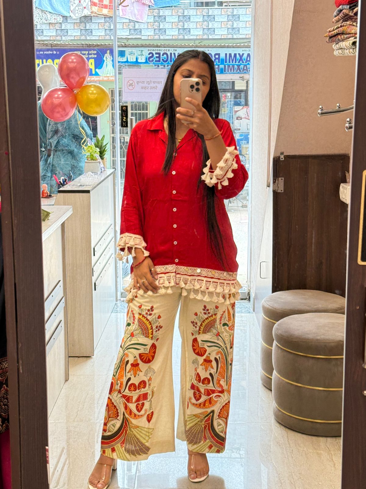 Rouge Éclat – Red Embroidered Co-ord Set with White Palazzo