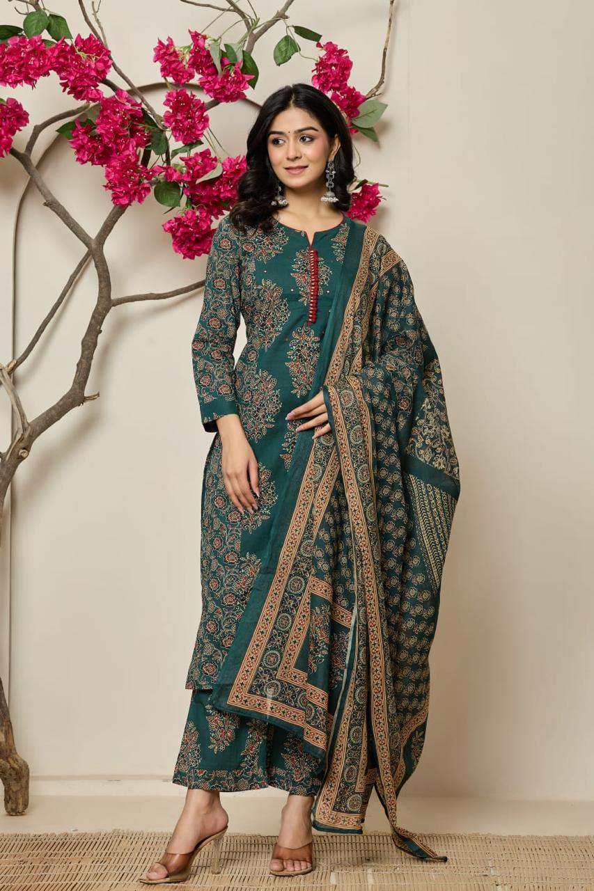 Bahaar – Green Printed Cotton Suit Set