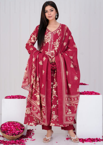 Gulrooh – Maroon Floral Cotton Anarkali Set