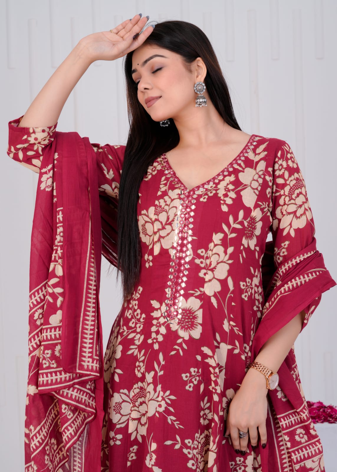 Gulrooh – Maroon Floral Cotton Anarkali Set